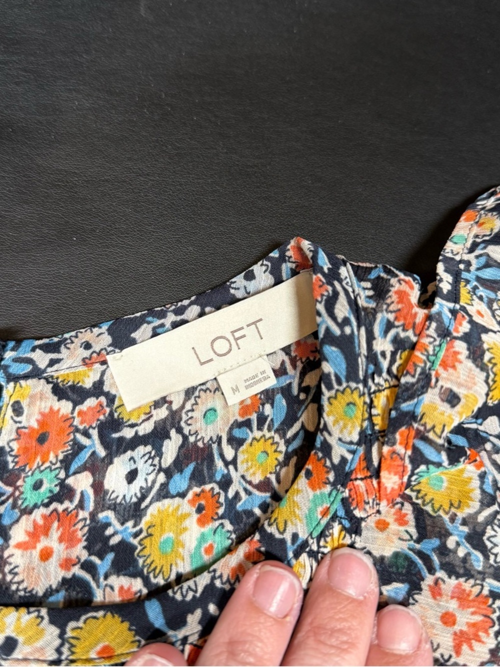 LOFT Navy Floral Blouse and skirt with Coral, Yellow & Teal Accents - Picture 2 of 5